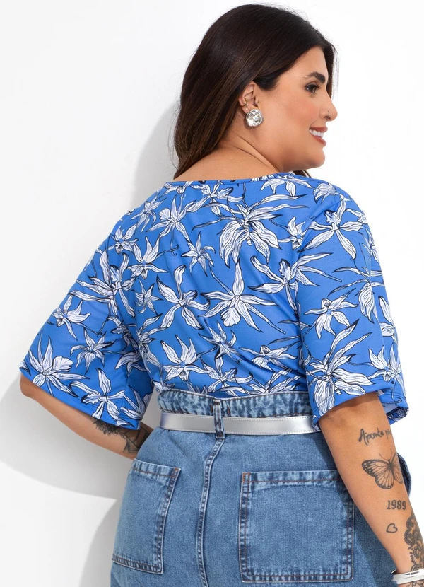 Marguerite - Blusa Floral Azul em Malha com Amarração 5