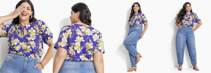 Blusa Floral Azul em Malha Flam