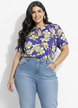 Marguerite - Blusa Floral Azul em Malha Flamê - MARGUERITE