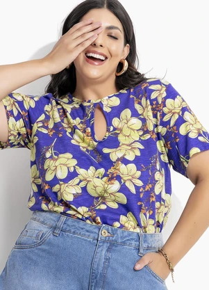 Marguerite - Blusa Floral Azul em Malha Flamê - MARGUERITE