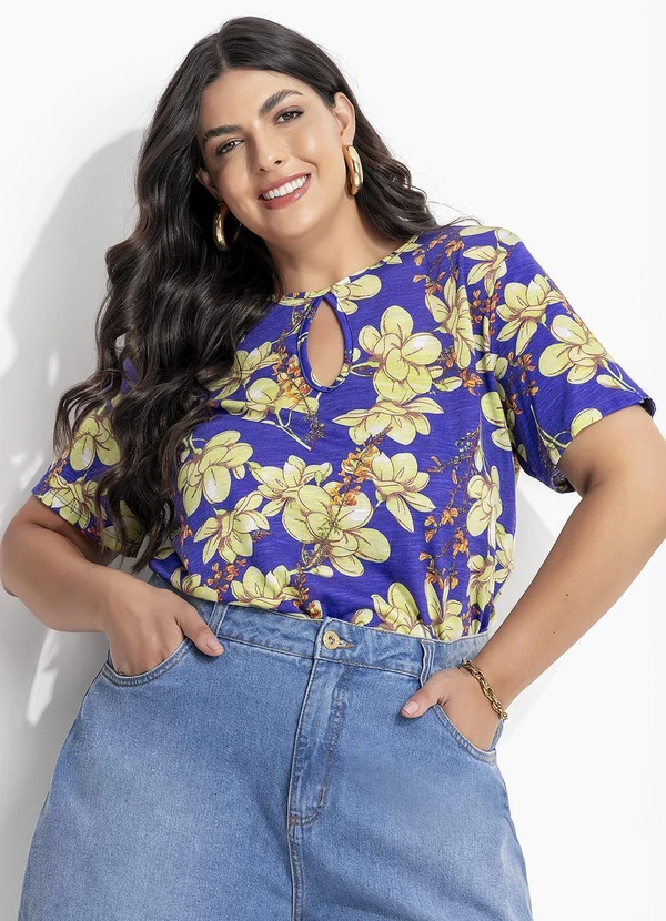 Marguerite - Blusa Floral Azul em Malha Flamê 8