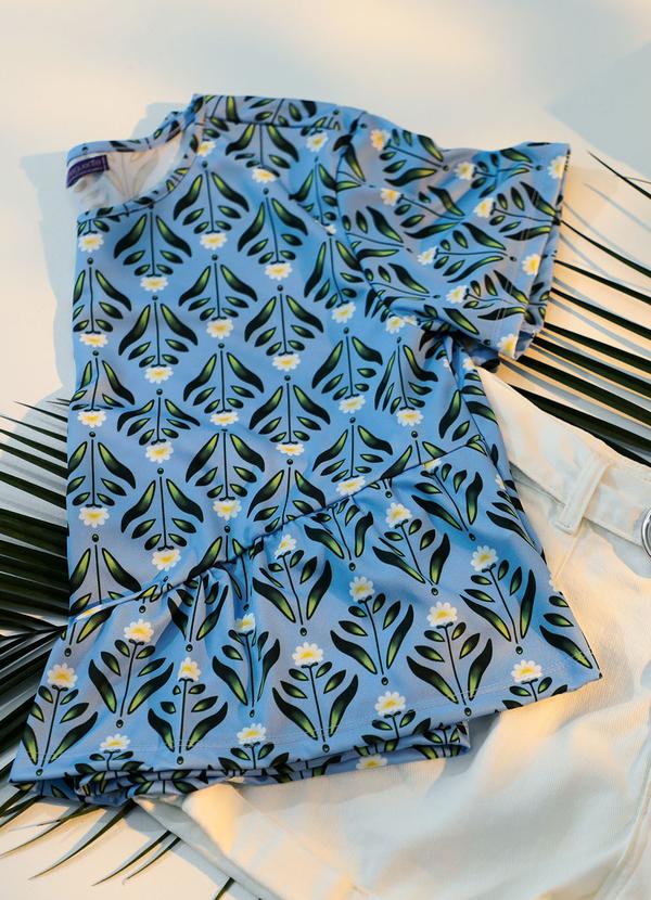 Marguerite - Blusa Floral Azulejo Azul em Jersey Acetinado 1