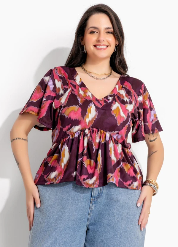 Marguerite - Blusa Floral Borrado Vermelho Estilo Bara em Malha Fria