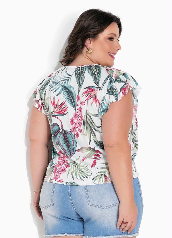 Marguerite - Blusa Floral Branca com Babado e Botões Plus Sze 4