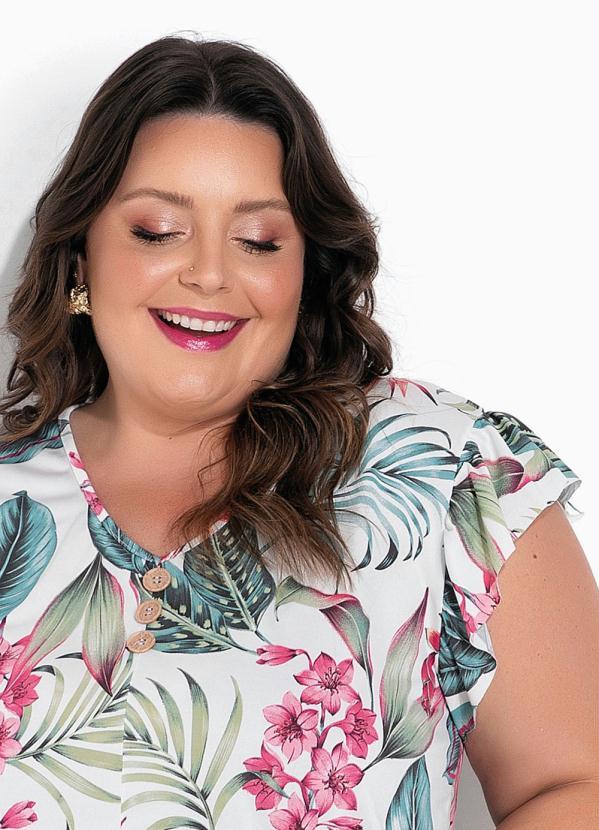 Marguerite - Blusa Floral Branca com Babado e Botões Plus Sze 3