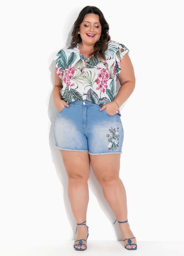 Marguerite - Blusa Floral Branca com Babado e Botões Plus Sze 2
