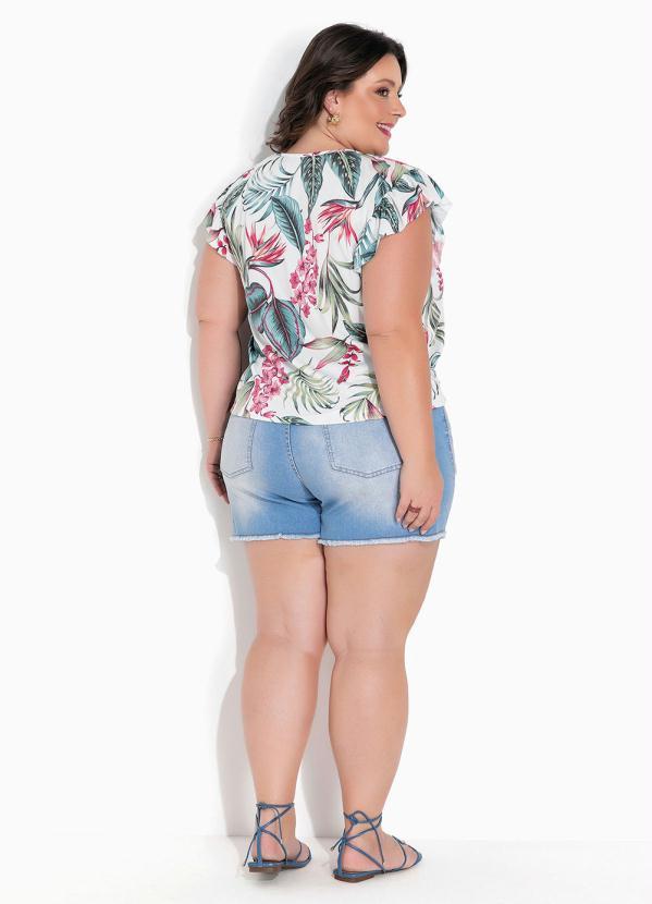 Marguerite - Blusa Floral Branca com Babado e Botões Plus Sze 1