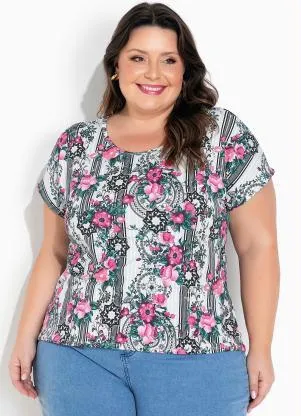 Marguerite - Blusa Floral Branca com Mangas Curtas Plus Size - MARGUERITE