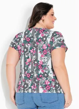 Marguerite - Blusa Floral Branca com Mangas Curtas Plus Size - MARGUERITE