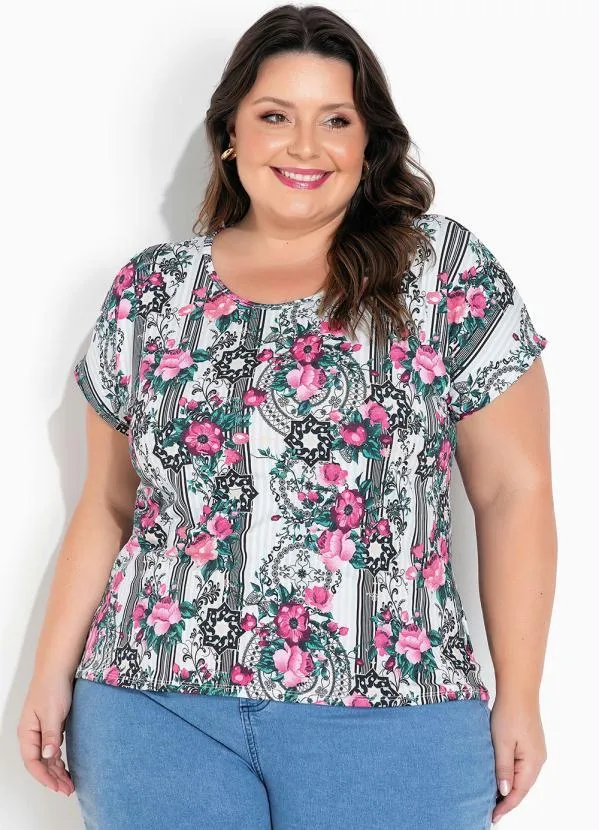 Marguerite - Blusa Floral Branca com Mangas Curtas Plus Size
