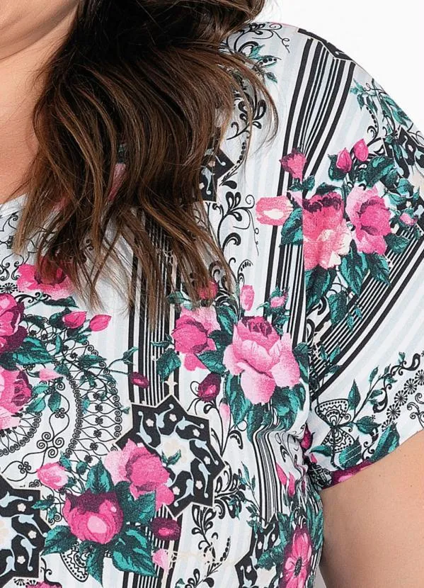 Marguerite - Blusa Floral Branca com Mangas Curtas Plus Size 1