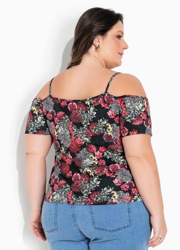 Marguerite - Blusa Floral Preta com Mangas Plus Size 2