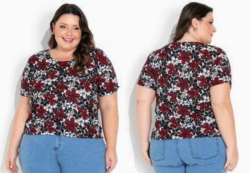 Blusa Floral Preto com Franzidos Plus Size