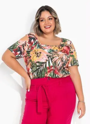 Marguerite - Blusa Floral Rosa com Ombros Vazados Plus Size - MARGUERITE