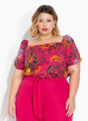Marguerite - Blusa Floral Rosa Mangas Bufantes Plus Size - MARGUERITE
