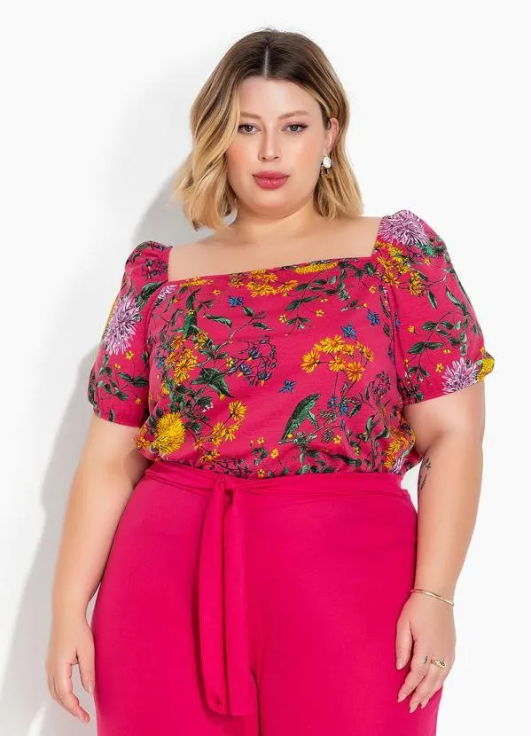 Marguerite - Blusa Floral Rosa Mangas Bufantes Plus Size