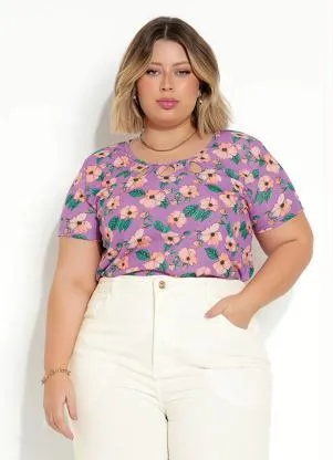 Marguerite - Blusa Floral Roxa com Decote Vazado Plus Size - MARGUERITE