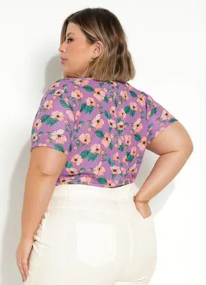 Marguerite - Blusa Floral Roxa com Decote Vazado Plus Size - MARGUERITE