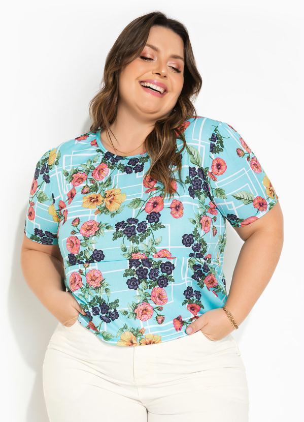 Blusa (Floral Turquesa) com Peplum Plus Size