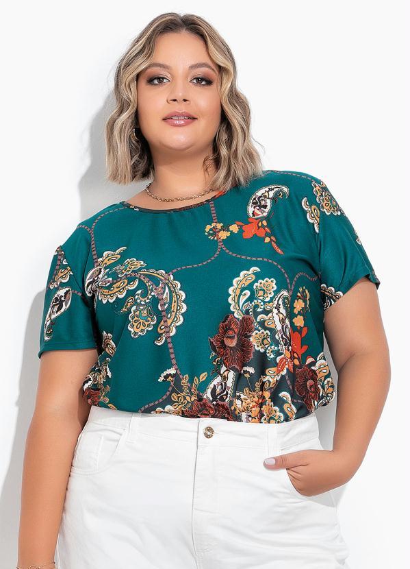 Marguerite - Blusa Floral Verde com Mangas Curtas Plus Size