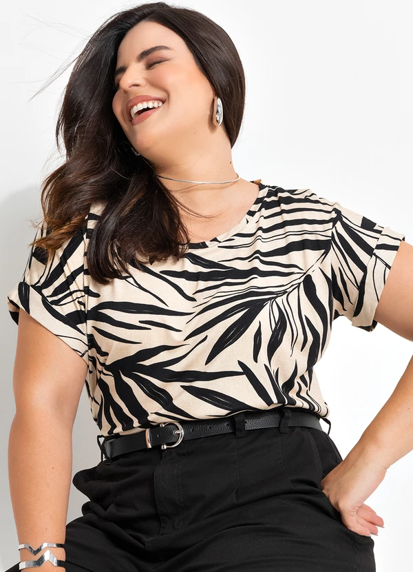 Marguerite - Blusa Folhagem Preta em Malha de Viscose