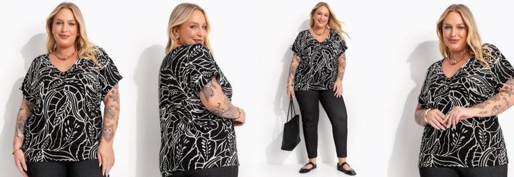 Blusa Folhagem Preta em Malha de Viscose