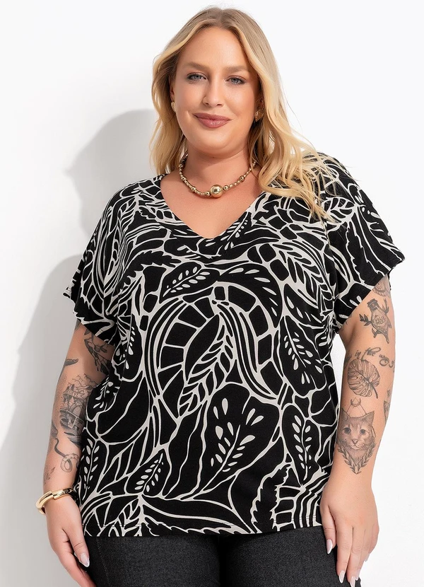 Marguerite - Blusa Folhagem Preta em Malha de Viscose 5