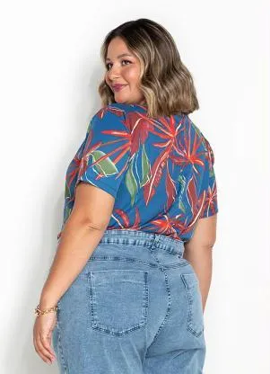 Marguerite - Blusa Folhas Azul com Elástico Plus Size - MARGUERITE