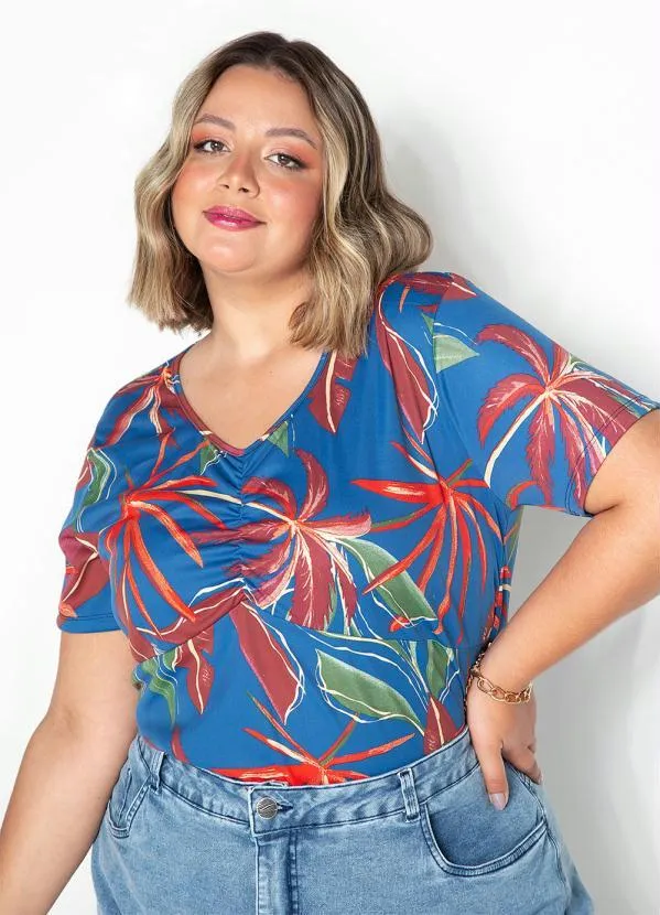 Marguerite - Blusa Folhas Azul com Elástico Plus Size