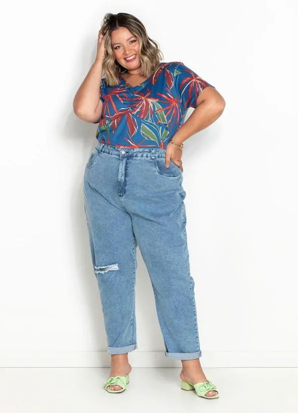 Marguerite - Blusa Folhas Azul com Elástico Plus Size 2