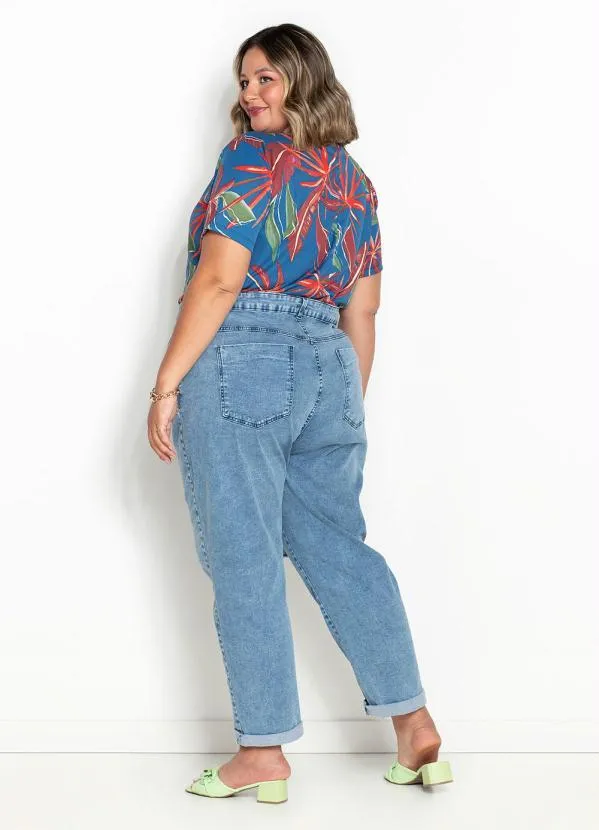 Marguerite - Blusa Folhas Azul com Elástico Plus Size 1