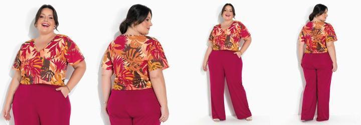 Blusa Folhas Bege com Mangas Curtas Plus Size