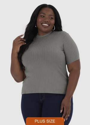 Malwee - Blusa Justa Canelada Feminina Plus Cinza - MALWEE