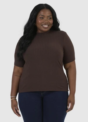 Malwee - Blusa Justa Canelada Feminina Plus Marrom - MALWEE