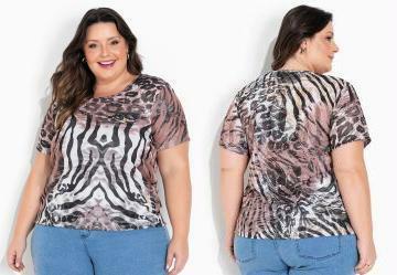 Blusa Lapela Decorativa Animal Print Plus Size
