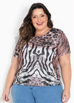 Marguerite - Blusa Lapela Decorativa Animal Print Plus Size - MARGUERITE