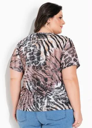 Marguerite - Blusa Lapela Decorativa Animal Print Plus Size - MARGUERITE