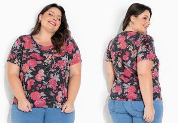 Blusa Lapela Decorativa Floral Preto Plus Size