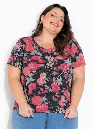 Marguerite - Blusa Lapela Decorativa Floral Preto Plus Size - MARGUERITE