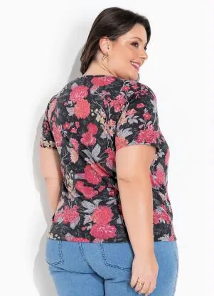 Marguerite - Blusa Lapela Decorativa Floral Preto Plus Size - MARGUERITE