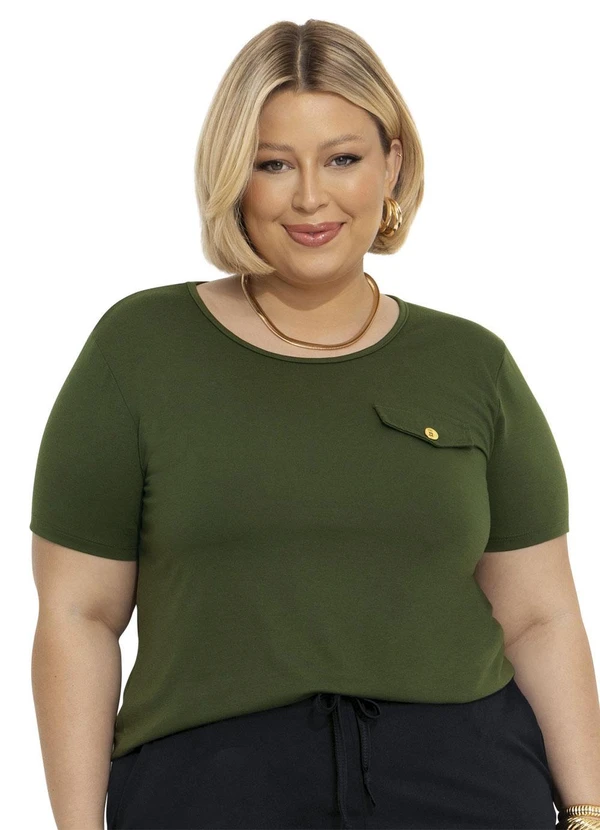 Marguerite - Blusa Lapela Decorativa Verde Militar Plus Size 4