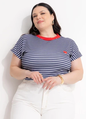 Marguerite - Blusa Listra Azul em Ribana Canelada com Bordado - MARGUERITE