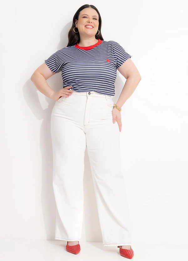 Marguerite - Blusa Listra Azul em Ribana Canelada com Bordado