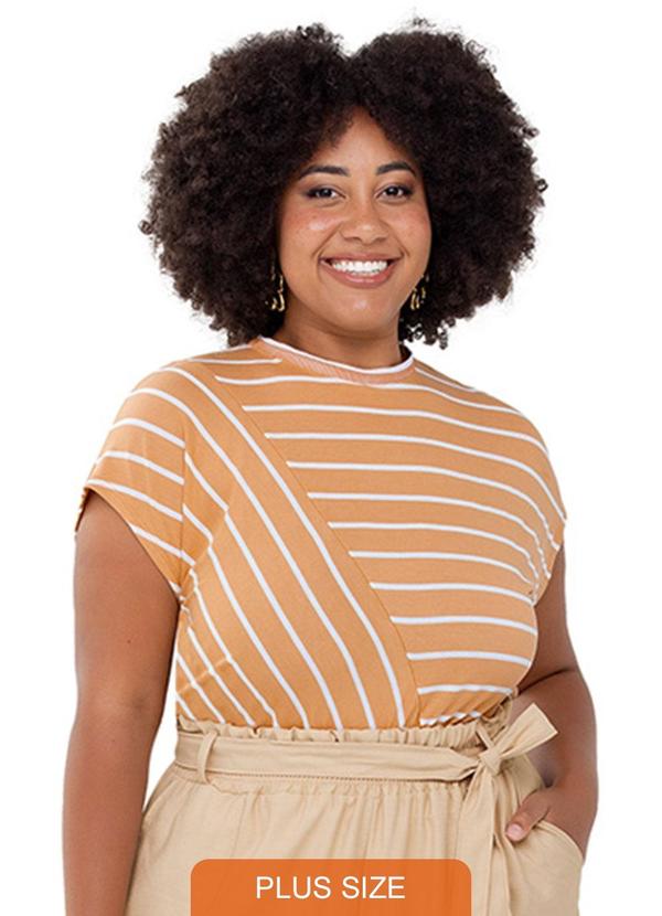 Rezzato - Blusa Listrada Adulto Plus Size Feminino Bege