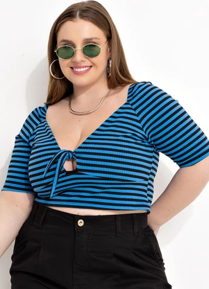 Marguerite - Blusa Listrada Azul e Preta em Canelado - MARGUERITE