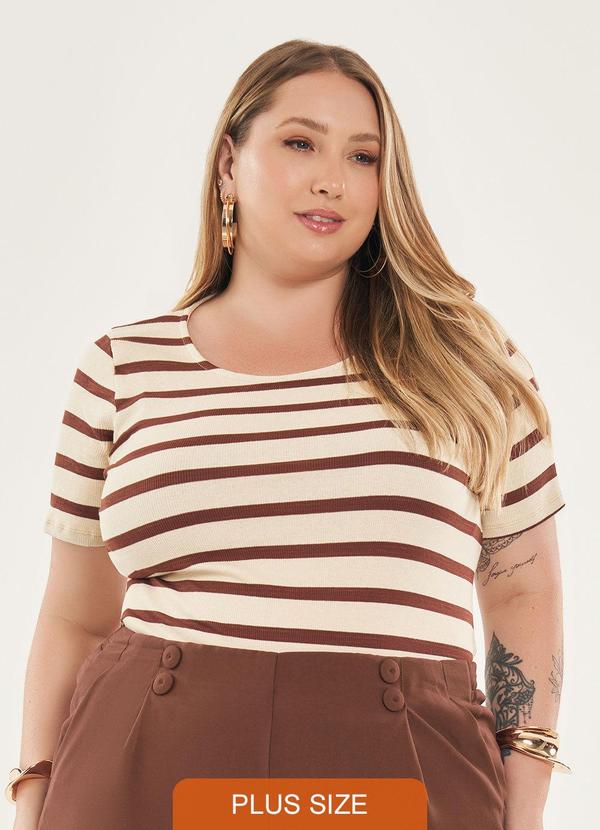 Lisamour - Blusa Listrada de Manga Curta Bege