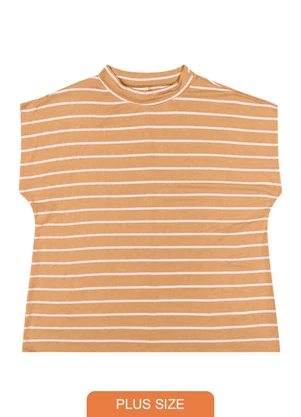 Outlet - Blusa Listrada Gola Alta Plus Size Marrom - OUTLET