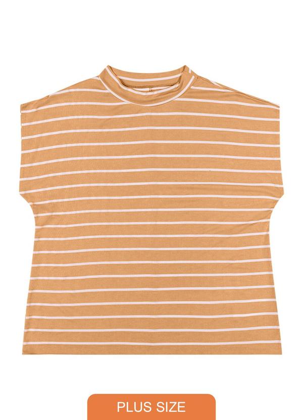 Rezzato - Blusa Listrada Gola Alta Plus Size Marrom