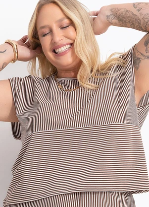 Marguerite - Blusa Listrado Marrom em Meia Malha - MARGUERITE