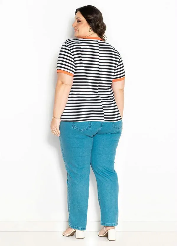 Marguerite - Blusa Listras Preta com Bolso Plus Size